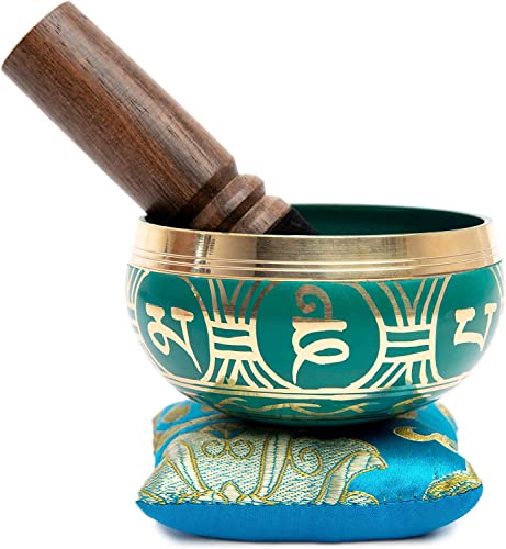 Tibetan Singing Bowl Set - Authentic Handcrafted Mindfulness Meditation Holistic Sound 7 Chakra Healing by Himalayan Bazaar (Turquoise) - color: Turquoise Blue