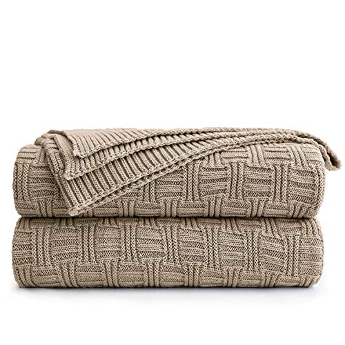 Khaki Cotton Knit Throw Blanket for Couch Sofa Bed - Home Decorative Soft Cozy Sweater Woven Fall Cable Knitted Blankets - 2.3 pounds 50 x 60 Inch - color: Khaki, Stripe Pattern, size: 50"x60"