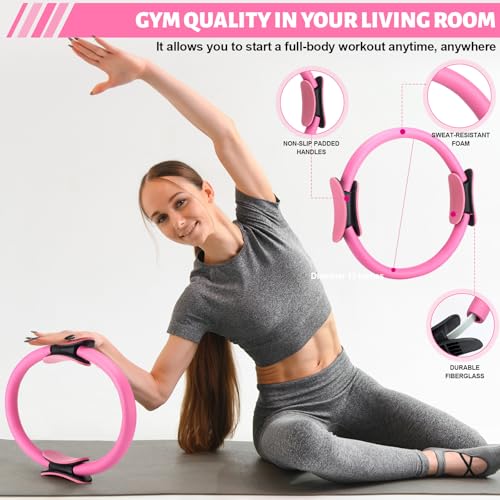 RoundFunny Pilates Ring Circle Set 18 Pcs Exercise Equipment Accessories for Women Workouts Pilates Ball Stretching Strap Magic Circle Yoga Ring Gym Back Bag Resistance Band Anti Slip Socks - color: Pink