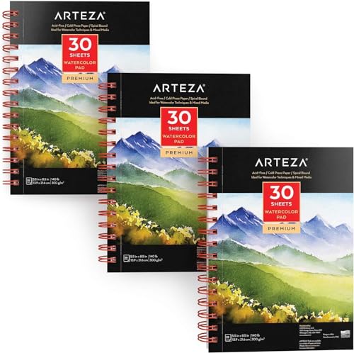 ARTEZA Watercolor Paper, Pack of 3, 30 Sheets Each, 5.5x8.5 Inches Watercolor Pad, 140lb/300gsm, Cold Press, Acid Free Art Paper - color: White