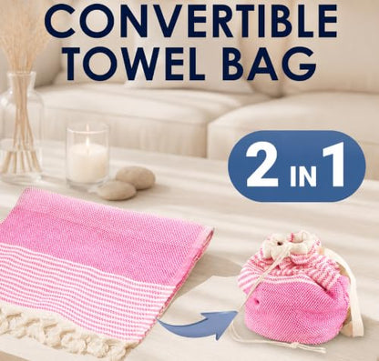 ATANI Turkish Beach Towel, Converts to a Bag, Oversized 100% Cotton Bath Towels Lightweight Quick-Dry Beach Blanket for Travel, Picnic, Camping, Yoga and Pool (Pink, 71 inc x 39 inc) - color: Pink, size: 71 inc x 39 inc