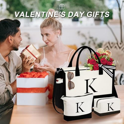 YOOLIFE Gifts for Women - Initial Canvas Tote Bag & Makeup Bag, Birthday Gifts for Women Mom Sister Friends - style: G