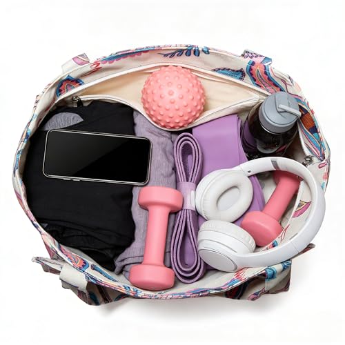 Floral Paisley Pattern Yoga Bag, Canvas Tote with Blue and Pink Design, Spacious Carrier for Yoga Mat and Accessories - color: White