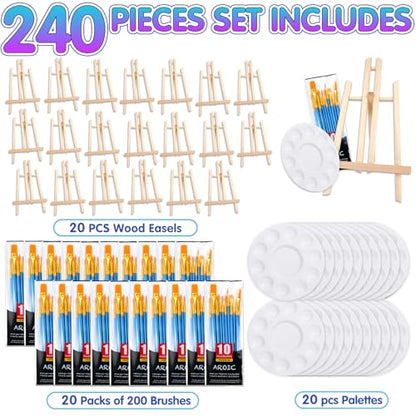 240 PCS Professional Painting Set with 20 Wood Easels, 20 Packs 200 Brushes | with Nylon Brush Head and 20 PCS Palettes, Painting Supplies kit for Kids & Adults to Painting Party - style: 240Pcs(20 Sets)