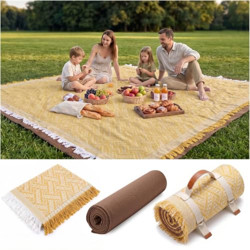 Genovega 2 in 1 Extra Large 80"* 80" Rug Picnic Blankets Waterproof Outdoor Beach Blanket Foldable Camping Mat Supplies Europe Travel Accessories Hawaii Necessities Hiking Items Yellow - color: Yellow, size: 80"x80"