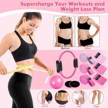 Goocrun Pilates Ring Set Exercise Equipment, with Exercise Resistance Bands Set, Pilates Ball, Sliding Disks. Portable Home Gym - with Fitness Guide Poster - color: Pink, size: Mid-level