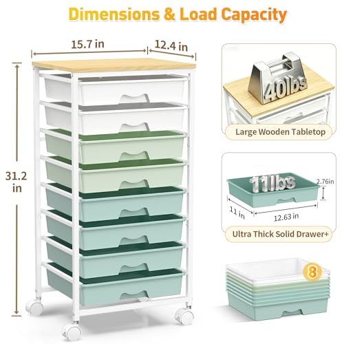 SUNALLY Rolling Cart With 8 Drawers,Storage Drawer Cart for Craft Art,Green | Storage Utility Cart with Wooden Tabletop & 2 Lockable Wheels, Teacher Storage Cart for Classroom School Storage, Makeup,Nail - color: Green