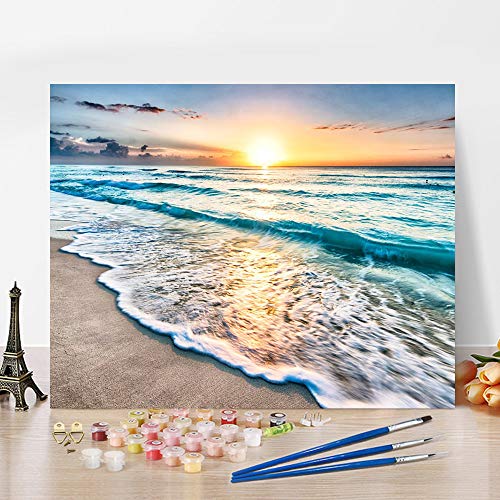 TUMOVO Paint by Numbers for Adults Beach Landscape DIY Canvas Painting Kit | Seaside Oil Painting with Acrylic Paints and 3 Brushes, Stress-relief Painting Kits for A Calming Hobby, 16x20 Inch