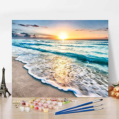 TUMOVO Paint by Numbers for Adults Beach Landscape DIY Canvas Painting Kit | Seaside Oil Painting with Acrylic Paints and 3 Brushes, Stress-relief Painting Kits for A Calming Hobby, 16x20 Inch