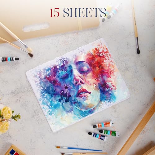 Wanderings Thick Handmade Watercolor Paper with Deckled Edge - 9" x 12" - 500GSM Premium White Cold-Pressed Textured Mixed Media Paper Made with Recycled Cotton - 15 Loose Leaf Sheets - color: White, size: 9x12 inches