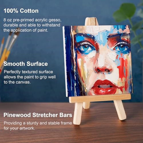 AUREUO Mini Canvas and Easel Set - 4x4 Inch/ 12 Pack - 2/5 Inch Profile Small Square Canvas with Display Stand - Art Gift Set Bulk Pack Canvases for Acrylic Painting & Craft - size: 4"x4" with Easel