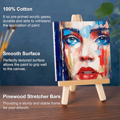 AUREUO Mini Canvas and Easel Set - 4x4 Inch/ 12 Pack - 2/5 Inch Profile Small Square Canvas with Display Stand - Art Gift Set Bulk Pack Canvases for Acrylic Painting & Craft - size: 4"x4" with Easel