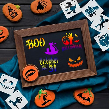 Augshy 56 Pack Small Halloween Pumpkin Stencils for Painting Crafts | Plastic, Reusable, Wood Ornaments, Fabrics, Door Mats, Window Decoration, DIY Crafts, 3 Inch - style: Halloween