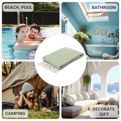 ATANI Turkish Beach Towel, Converts to a Bag, Oversized 100% Cotton Bath Towels Lightweight Quick-Dry Beach Blanket for Travel, Picnic, Camping, Yoga and Pool (Green + Bag, 35 inc x 69 inc) - color: Green + Bag, size: 35 inc x 69 inc