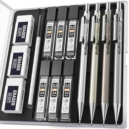 Nicpro 4 Pack Mechanical Pencil 0.5 mm with Case, MB1000 Metal Mechanical Pencil Set with 6 Tube HB #2 Lead Refill 0.5mm, 3PCS 4B Eraser, 9 Cap Eraser for Artist Drafting Writing, Sketching, Drawing | 6 Tube HB #2 Lead Refill 0.5mm, 3PCS 4B Eraser, 9 Cap