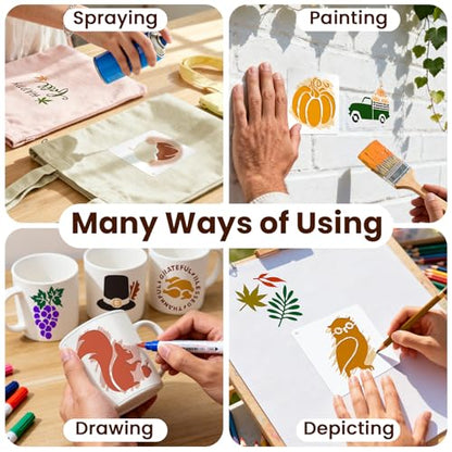 Amrules 65 Pcs Painting Stencils, Autumn Theme, 4 x 4 Inch | Plastic, Drawing Templates Set for Crafts, Reusable DIY Art Stencil, For Wood, Walls, Cards, Fabrics, Rocks, Home Decoration - style: Autumn