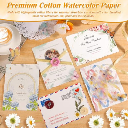 50 Sheets Deckled Edge Watercolor Paper 300GSM, 5 x 7inch Handmade Watercolor Paper Rough/Textured Cotton Paper, Cold Press Paper for Watercolors, Sketching, Wedding Invitations, Cards, Craft