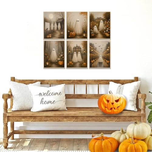 KBKBART 6pcs Halloween Poster Cute Ghost Country Landscape Prints 8x10 inch | Canvas Wall Art Print Pictures Unframed, Ghosts Fall Landscape Paintings, for Bedroom Living Room Dorm, Halloween Posters - color: Halloween Ghost