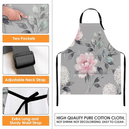 Apron with Pockets, 32x28 inch, for Women Men, Floral Grey | Pink Flower Leaves Waterproof Adjustable Bib Aprons for Kitchen Cooking Baking Painting Gardening - color: Peony