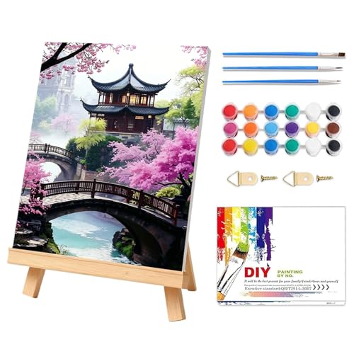 Cherry Blossom Paint by Numbers Kit for Adults with Frame & Easel 12x16in | 32 Colors, Adult Paint by Numbers, Japanese Scenery Canvas Paint by Numbers for Adults, DIY Acrylic Painting Kits on Canvas - color: Cherry Blossom, size: 12x16inch