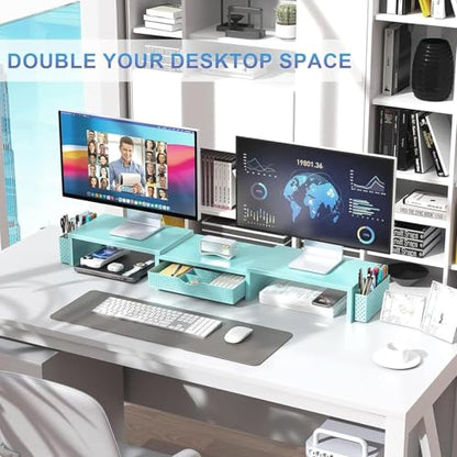 gianotter Dual Monitor Stand Riser With Drawer and 2 Pen Holders - color: Blue