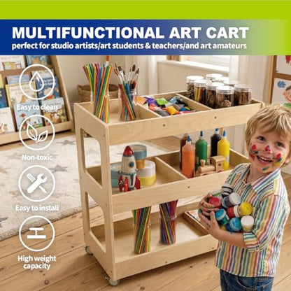 3-Tier Wooden Art Cart Organizer on Wheels for Kids | Rolling Craft Cart, Montessori Furniture, Multi-Functional Birch Plywood Art Supply Cart for Office, Nursery & Classroom