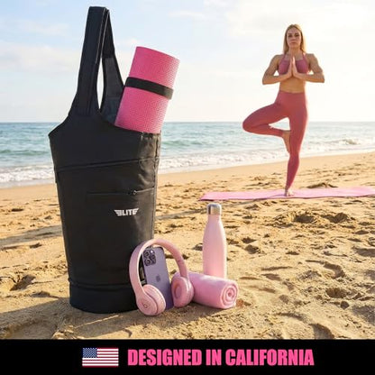 Elite Yoga Mat Bag for Women & Men, Yoga Gym Bag with Wet Pocket, Bottle & Zipper Pockets, Yoga Workout Essentials Carrier Yoga Bag with Mat Straps, Adjustable Shoulder Straps Carry on Sports Bag