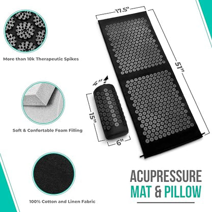 Sivan Acupressure Mat & Pillow Set for Back & Neck (XL, Black/Black) - color: Black/Black, size: XL
