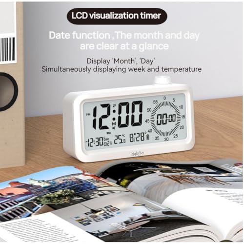 Visual Digital Timer for Kids with LCD Display,3-Level Adjustable Backlight,Temperature Date,Silent Operation,3 Alarms, Snooze,Type-C Charging for Kids Studying/Office/Sleeping/Kitchen(White)