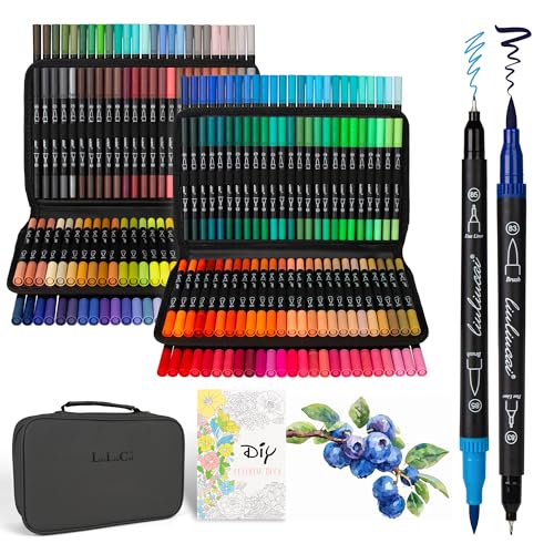 LIULIUCAI 200 Dual Tip Brush Pens, Art Markers for Adult Coloring Books | Artist Drawing Pen, Fine & Brush Tip Coloring Marker for Journal Calligraphy Lettering Sketching School Office Supplies - color: 200