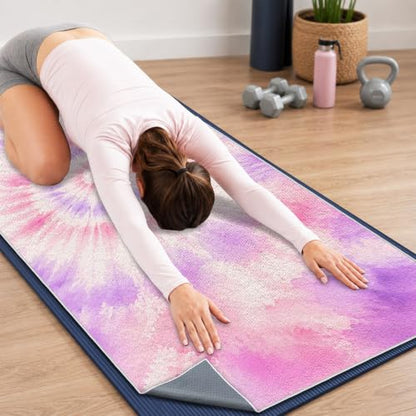 Yoga Mat Towel Non Slip Ultra-Absorbent Hot Yoga Towel, Super Stylish Printed Sweat Hot Yoga Towel, Ideal for Home, Workouts, Pilates, Yoga, 72 x 27in, Purple & Pink Tie Dye - color: Purple & Pink Tie Dye