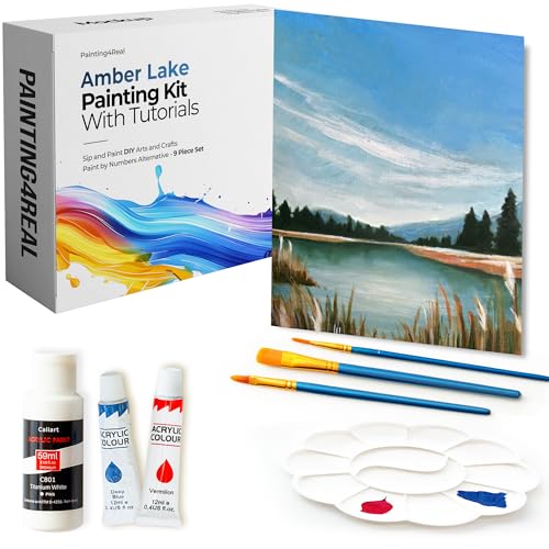 Painting4Real DIY Art Painting Kit for Adults – Learn to Paint Amber Lake with Video Tutorials – 9 Pieces Acrylic Paint Set for Adults –Perfect Christmas Crafts & Holiday Gifts for Art Lovers - color: Amber Lake