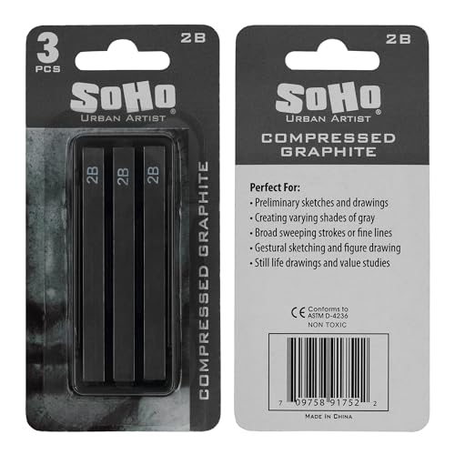 SoHo Urban Artist Compressed Graphite Sticks 2B, Pack of 3 - Premium Graphite Sticks for Drawing - Versatile & Smooth Gliding Artist Graphite - Ideal for Professionals, Students, and Artists - color: 2B