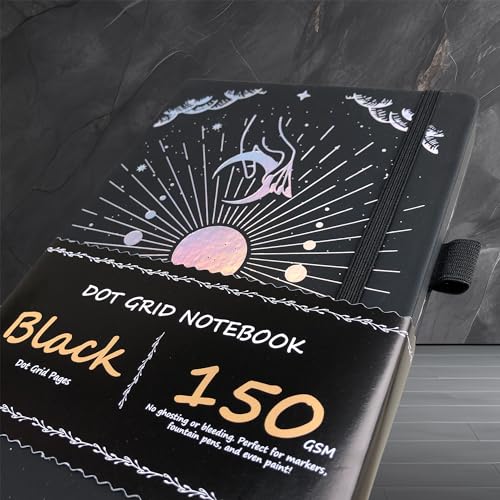 BUKE Dotted Journal - 150gsm Black Paper - 5 * 5mm DOT GRID Layout 160 Pages - A5 Size PU Leather Hardcover Drawing Sketch Notebook (Black) - color: Black