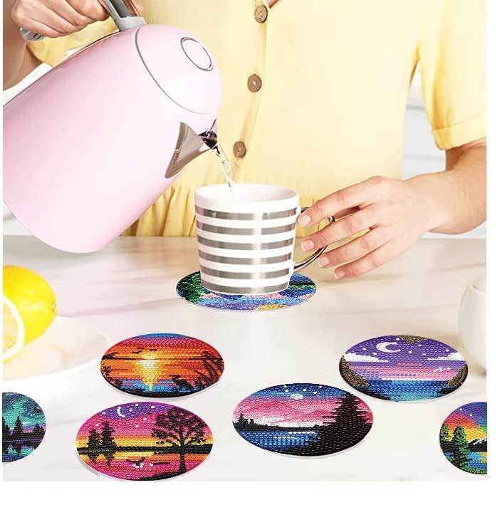 8 Pcs Diamond Art Coasters Kits with Holder, Landscape DIY Diamond Paintings Coaster Kits,Scenery Full Drill Rhinestone Painting Kits for Adults Beginners Art Craft Supplie for Tabletop Protection.