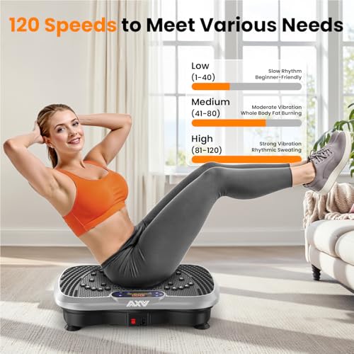 AXV Vibration Plate Fitness Platform Exercise Machine Body Vibrating Board | Curved Design Powerful 200W Bluetooth Oscillating Shake Plate for Lymphatic Drainage Recovery Whole Body Toning With Handles - color: SLIM.SILVER