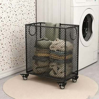Gold Metal Basket with Wheels, Rolling Laundry Hamper Cart, Mesh Wire Laundry Basket, Yoga Mat Storage Rack,Large Capacity Dirty Clothes Organizer for Bedroom Living Room(17"W x 9"D x 20.5"H, Black) - color: Black