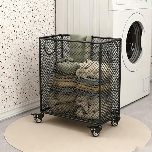 Gold Metal Basket with Wheels, Rolling Laundry Hamper Cart, Mesh Wire Laundry Basket, Yoga Mat Storage Rack,Large Capacity Dirty Clothes Organizer for Bedroom Living Room(17"W x 9"D x 20.5"H, Black) - color: Black