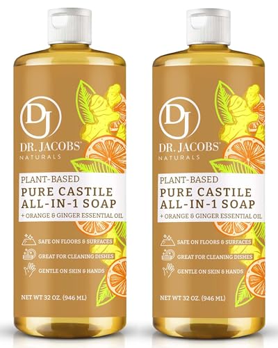 Dr. Jacobs Naturals Orange & Ginger Castile All-in-One Cleaner and Soap - Plant-Based Formula for House Cleaning Floors and Appliances - Gentle on Skin and the Planet - 32 oz, 2 Pack - size: 32 Fl Oz (Pack of 2), style: Orange Ginger