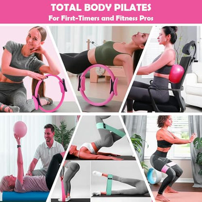 Pilates Ring Set with 14-Inch Magic Circle, Exercise Ball & 6 Resistance Bands - Complete Home Workout Equipment for Core Strength, Toning and Flexibility - Ideal Fitness Gift for Women and Men