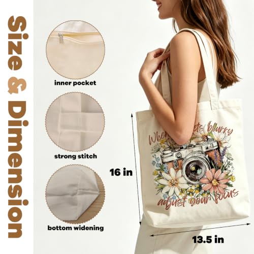 VICBOU Vintage Camera Canvas Tote Bag for Women Birthday,Mental Health Shoulder Bag with Pocket for Grocery Shopping Beach - color: Camera01