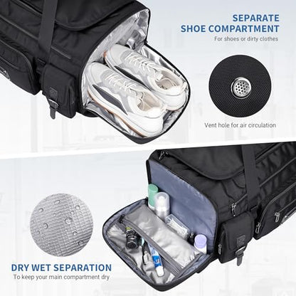 WITZMAN Duffle Bag for Men Large 55L Travel Duffel with Shoe Compartment | Water-resistant Nylon, Dry-wet Pocket, Fits 16" Laptop, Convertible for Gym, Weekender, Sports, Overnight, B717 Black - color: Black
