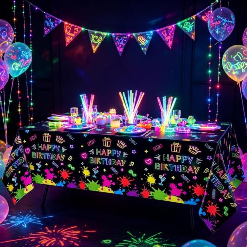 4 Pack Glow Party Table Covers Neon Tablecloths Disposable Plastic Neon Table Cloth Black Light Tablecloth Black Light Decorations Glow in The Dark Party Supplies Blacklight Decor 86 x 51 Inch