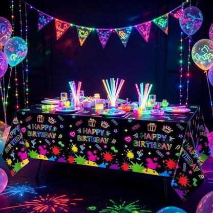 4 Pack Glow Party Table Covers Neon Tablecloths Disposable Plastic Neon Table Cloth Black Light Tablecloth Black Light Decorations Glow in The Dark Party Supplies Blacklight Decor 86 x 51 Inch