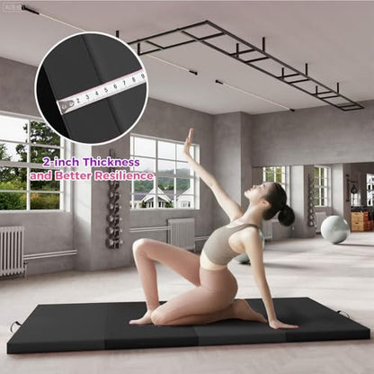 Superior Thick Folding Gymnastics Mat - 6.2x2.6ft, 2-Inch Foam, 5-Panel High-Density Exercise Tumbling Pad with Leather Surface, Carry Handles, Home Gym, Yoga, Pilates, Aerobics, Martial Arts - color: Black, size: 6 x 2 ft Four-Fold