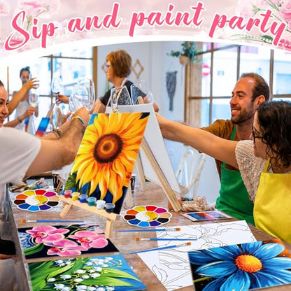 Motipuns 72 Pcs Paint and Sip Kit for Adults 12 Set 8''x10'' Pre Drawn Canvas for Painting with Easels Apron Brushes Palette Printed Canvas Bulk for DIY Birthday Gifts Date Night Party(Flower) - style: Flower