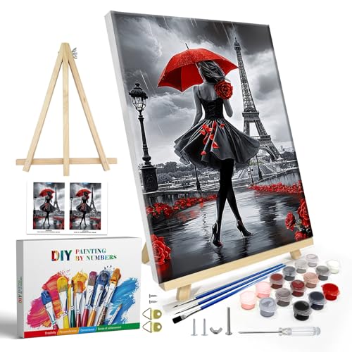 JOOZ Paint by Numbers Kit for Adults with Frame, Eiffel Tower Paint by Number with Easel, DIY Rose Woman Oil Painting by Numbers with Red Umbrella, Adult Paint by Number Kits for Wall Decor 8x12 Inch - color: Eiffel Tower 249