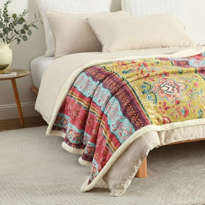 Boho Chic Sherpa Fleece Throw Blanket with Ultra-Soft Cozy Lining,Bohemian Patterned Throws for Sofa,Couch,Bed - color: Boho-red, size: 50" x 60"