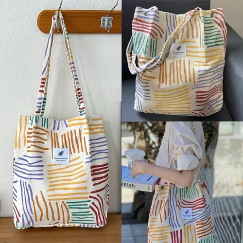 Aphoraeny Corduroy Tote Bag for Women Cute Totes Shoulder Bag with Inner Pocket for Work Beach Shopping Travel Grocery - color: Color Stripes