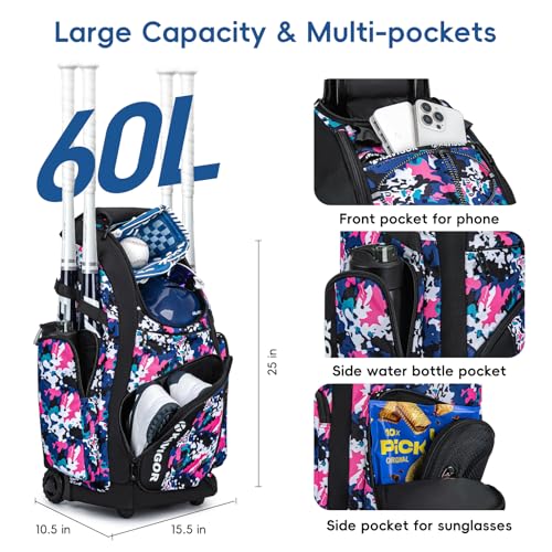 KAVIGOR Rolling Baseball Bag with Wheels, 60L Capacity Softball Bag Holds 4 Bats for Boys and Girls, Youth Equipment Bag with Shoe Compartment - color: Pink Camo